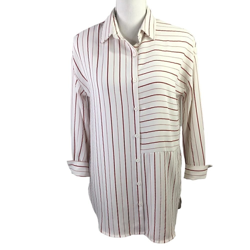 Lulus Women's Blouse Top 3/4 Sleeve Button Front White Red Stripe Career Loose